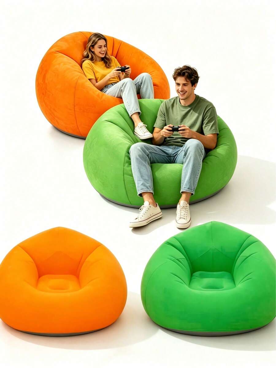 2pcs/1set Inflatable Bean Bag Chair With Air Pump, Portable Inflatable Sofa, Foldable Indoor/Outdoor Lounge Chair, Pool Inflatable Soft Plush Seat, Lightweight Compact Slouchy Sofa, Suitable For Home And Camping, Summer Travel Essential