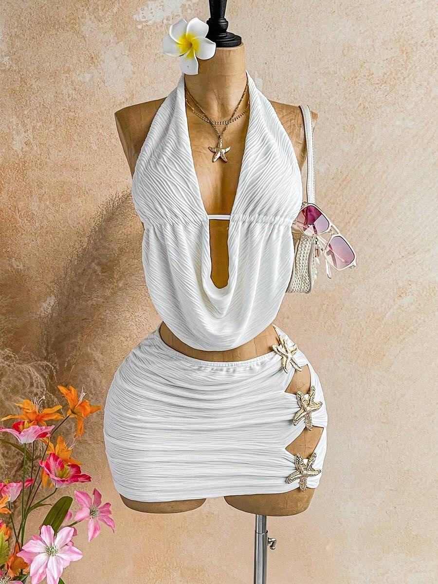 Conjunto de 2 piezas con top de cuello en V profundo sólido y minifalda con decoración de estrella de mar de metal para mujer - Multicolor - Ver 1