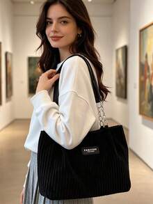Bolso de Hombro de Lona de Color Sólido para Mujer, Estilo Primavera-Verano, Gran Capacidad, Casual y Tipo Tote - Negro 2 - Ver 10