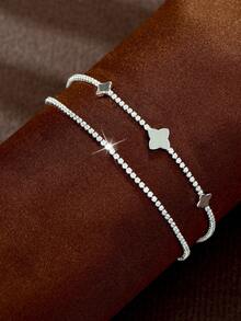 1pc Silver Sleek Professional Style High-Transparency Zirconia Flower Layered Thin Bracelet + Portable Travel Business Trip Daily Matching Accessory - Silver - View 1