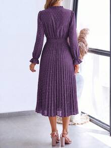 PRETTYGARDEN Women's Spring Fall Midi Dress Casual Long Sleeve V Neck Swiss Dot Pleated A Line Flowy Dresses New Years Party Valentine Vacation Dresses For Women - 深紫 - 查看 2
