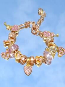 1pc Fashion Swirl Charm Bracelet, 1pc Cross & Key DIY Bracelet, 1pc Classic Lock & Key Bracelet, 1pc Cross & Heart Bracelet - Gold - View 2