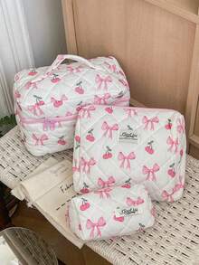 1 pieza/Set Bolsa de cosméticos acolchada con estampado lindo de cereza & lazo, almacenamiento para artículos de tocador, bolsa multiusos para maquillaje & artículos sanitarios para niñas, uso de viaje & diario - Multicolor - Ver 17