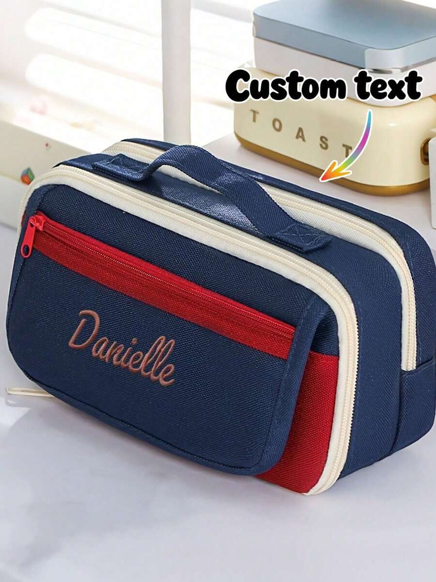 Customizable Name! Colorblock Tote Pencil Case, Student Stationery Storage Bag, Portable Large Capacity, Personalized Exclusive, Suitable For School/Office Organization, Multi-Pocket Design, Meets Campus Scenarios, Brings You A Unique Experience - Multicolor - View 1