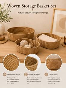 1pc Khaki Handmade Woven Storage Basket, Natural Style Small Desktop Organizer Tray, Round Opening Design, Suitable For Cosmetics, Keys, Snacks, Jewelry, Stationery, Bedroom Office Living Room Home Decor - Khaki - View 4