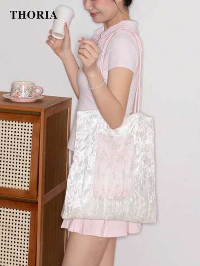 2026 New Pink Embroidered Lace Canvas Shoulder Bag, Underarm Bag, Handbag, Business Women's Casual Fashion Daily Commute Bag, Suitable For Work, Shopping, Dating, Travel, Vacation, College Students, Women's Bag, Charming Versatile Women's Bag, Daily Use