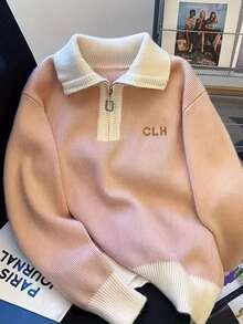 Cárdigan de punto con cremallera y manga larga, suéter de punto versátil en color rosa - Rosa - Ver 1