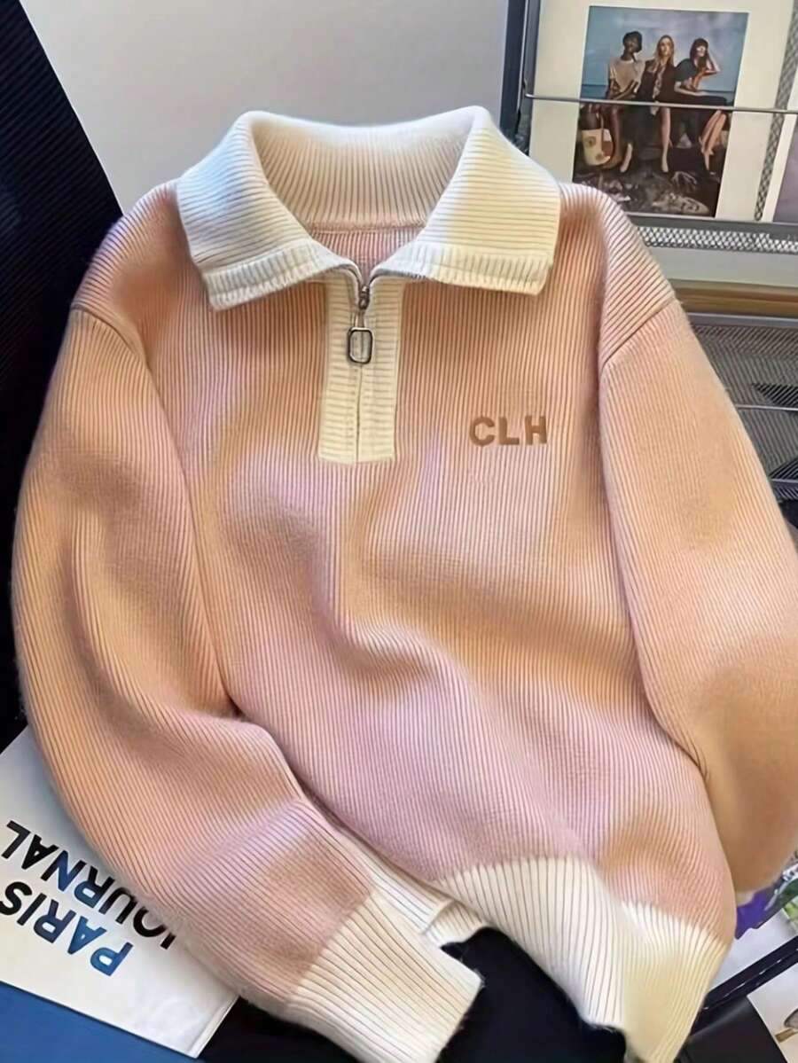 Cárdigan de punto con cremallera y manga larga, suéter de punto versátil en color rosa - Rosa - Ver 1