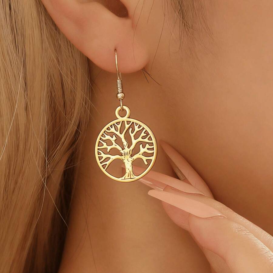 1 Pair Of Women's Golden Color Round Tree Of Life Pendant Fashion Drop Earrings, Suitable For Daily Wear, Vacations, And Parties - Groin - View 1