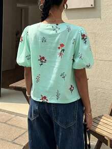 女款休閒時尚夏季法式立領彩色鈕扣短版上衣，多巴胺花卉寬鬆顯瘦Ins風百搭襯衫，度假風 - 薄荷綠 - 查看 4