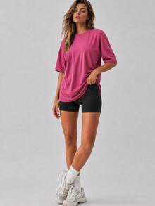 Women's Loose Oversized Dropped Shoulder Purple Solid Color T-Shirt Short Sleeve Round Neck Top Summer Casual Shirt Y2K 2026 Basic Style - Purple - View 1