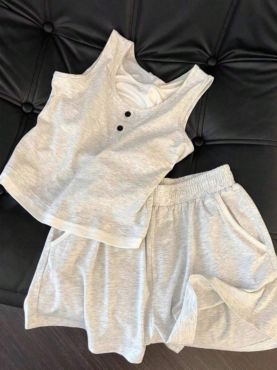 女款夏季新款加墊背心與寬鬆休閒短褲2件式睡衣套裝，無袖露背居家服，優雅風格 - 灰色 - 查看 1
