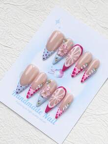 10PCS-Handmade Press On Nails, Long Pointed Shape, Fake Nails, Y2K Style, Sturdy And Durable, Reusable, Rose Red, With French Style, 3D Design, Suitable For Daily Wear, Parties, Vacations, And Also The Best Holiday Gift For Girls And Women. - Multicolor - View 2