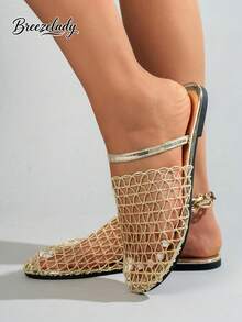 Breezelady Women's Gold Mesh Net Flat Sandals, Closed-Toe Slip-Ons With Ankle Strap, Breathable & Glamorous For Summer Events. - 金色 - 查看 6