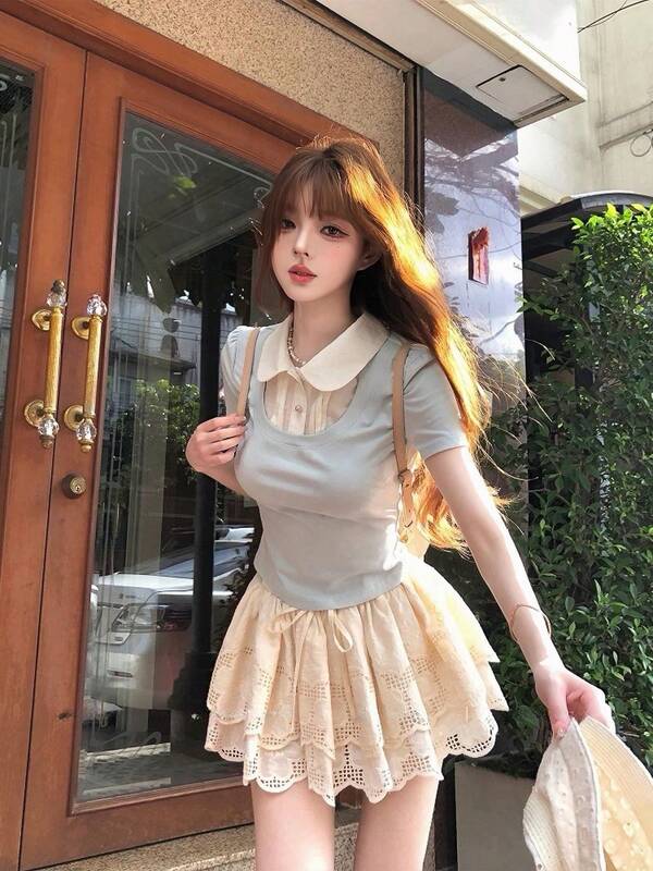 Preppy Style 2 In 1 Short Sleeve T-Shirt For Women, Summer Minimalist Sexy Sweet & Hot Girl Peter Pan Collar Top, Unique And Beautiful
