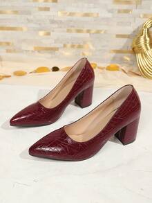 Pointed Toe Women's Pumps Chunky Heel High Heels Low Vamp Minimalist Work Shoes Evening Shoes - Burgundy - View 6