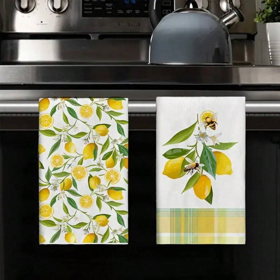 1/2/100pcs Luxury Kitchen Towels, Lemon & Bee Pattern Design, Multiple Sizes Available, Machine Washable, Heat Resistant, Highly Absorbent And Easy To Clean, Suitable For Party Decor, Coffee Table And Home Decoration