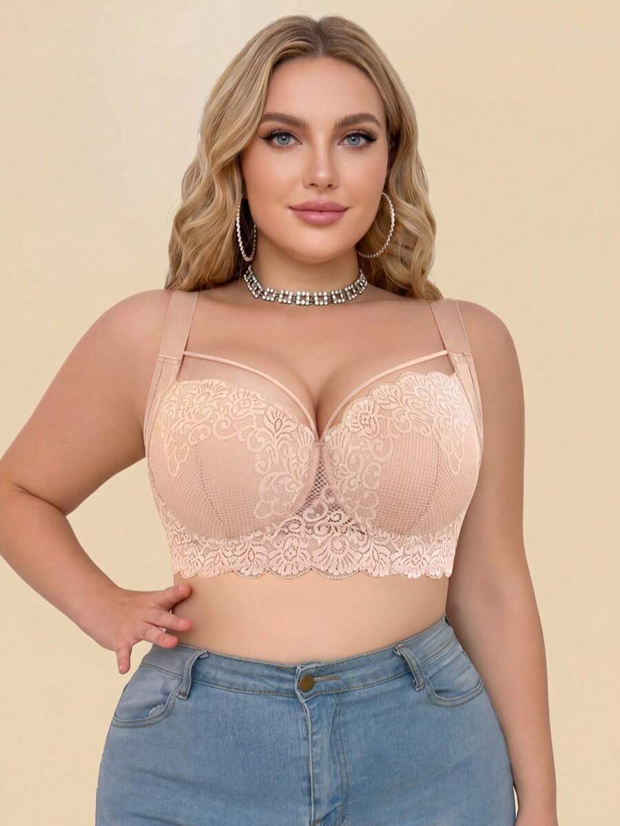 MIMILEMON Plus Size Comfortable Lace Underwire Bra - Wide Straps, Lift, Side Support, Full Coverage Design, Effectively Controls Side Bust - Beige - View 1