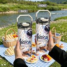 1pc/5pcs 30oz Double Wall Stainless Steel Insulated Tumbler, Music Symbol Pattern, Keeps Cold And Hot Temperatures. Comes With Leak-Proof Lid, Straw And Portable Handle, Suitable For Coffee And Water, Travel Use, Music Theme Gift For Music Lovers. - White - Guitar - View 5