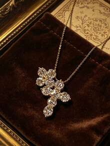 1pc Fashion Minimalist Cross Copper Inlaid CZ Gold Pendant Necklace, Suitable For Women's Daily, Party And Date Wear - Gold - View 4
