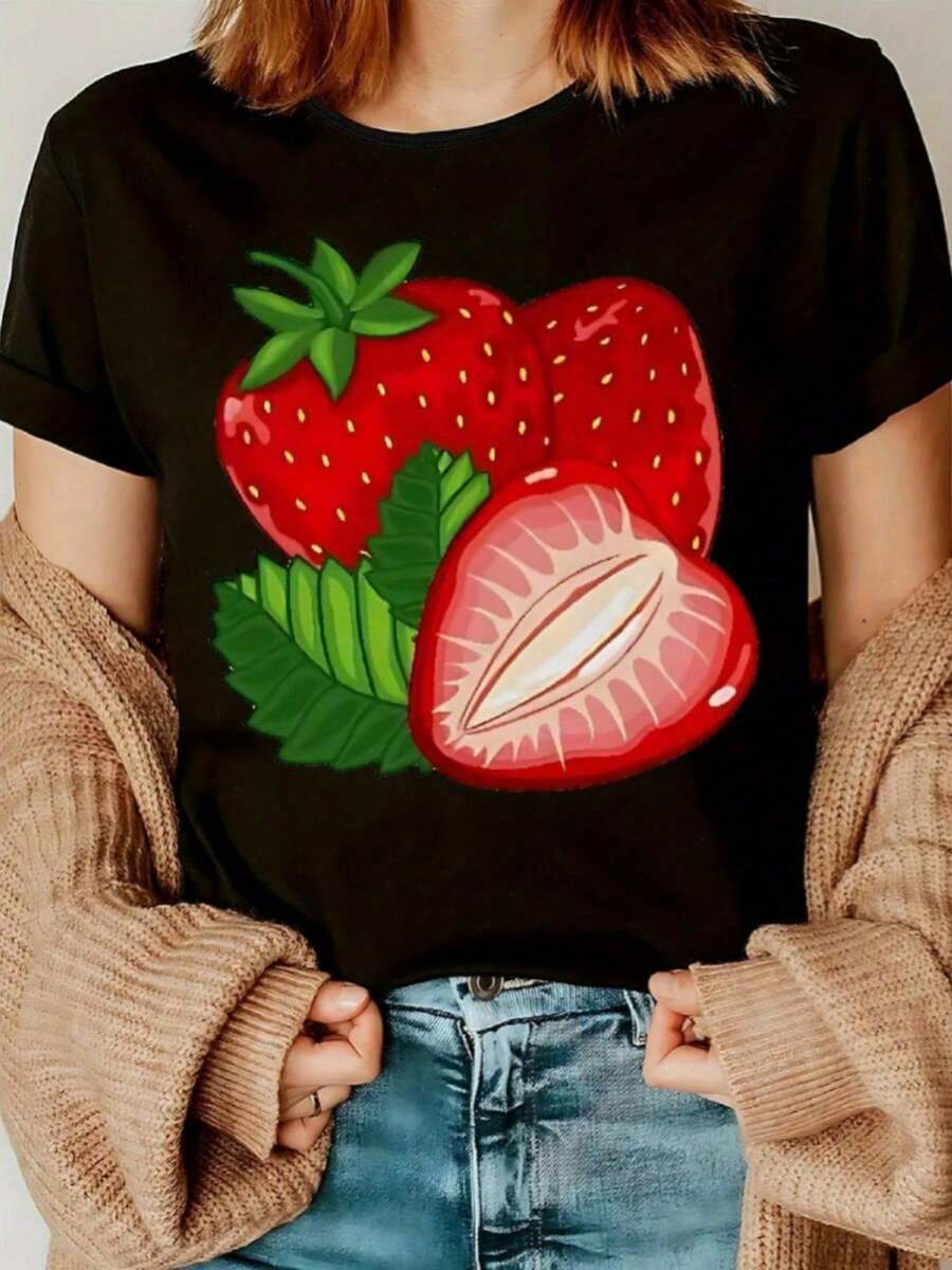 1 Pieza Moda Informal Para Hombres Y Camiseta de Mujer estampado fresa fresca y delicioso de algodón suave y cómodo para mujer, ideal para ocasiones casuales y informales, disponible es - Negro - Ver 1