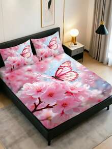 1PC Romantic Cherry Blossom Butterfly Fitted Sheet Mattress Protector Bed Sheet Soft Skin-Friendly Non-Slip Bedding Suitable For Twin/Full/Queen/King Size Bed, Machine Washable, Ideal For Bedroom Decor - Multicolor - View 2