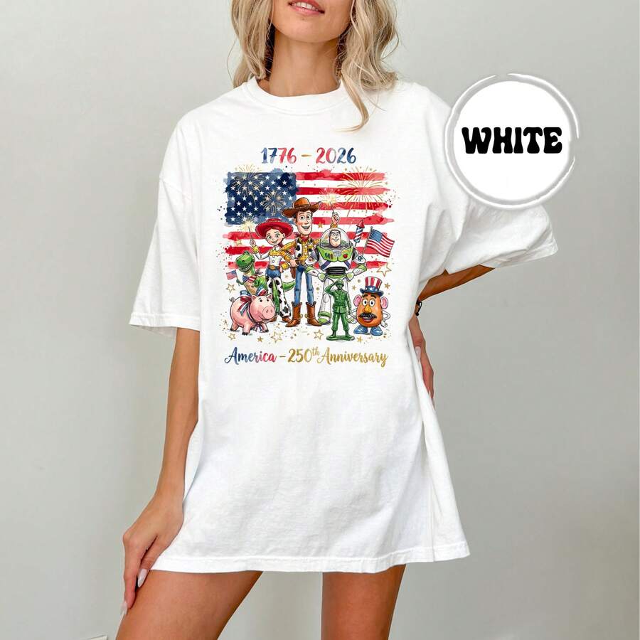 Loose Fit Disney Toy Story America 250th Anniversary Pure Cotton T-Shirt Full Character Watercolor USA Flag Firework 1776-2026 Casual Short Sleeve - 白色 - 查看 1