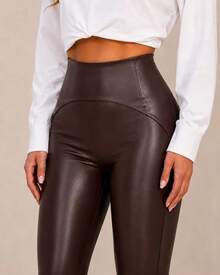 Women's PU Leather Leggings With Thermal Lining, High Waist, Butt-Shaping, With Stitching - 巧克力棕 - 查看 1