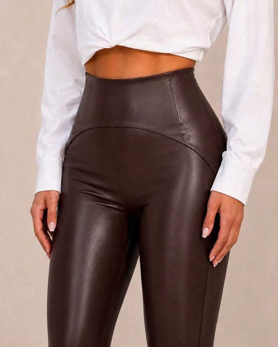 Women's PU Leather Leggings With Thermal Lining, High Waist, Butt-Shaping, With Stitching - 巧克力棕 - 查看 1