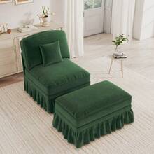 Comoda poltrona lounge classica in ciniglia con grembiule arricciato removibile, gambe affusolate e poggiapiedi mobile - Divano morbido e profondo per il soggiorno, bianco. - Verde - Visualizzare 5