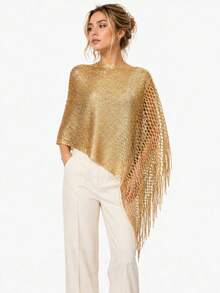 1pc Bohemian Metallic Knit Fringe Shawl, Shiny Lightweight Mesh Fringe Party Evening Cape - Gold - View 4