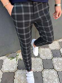 Tapered Fit Men's Plaid Casual Long Pants - Black - View 4
