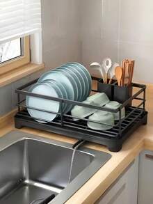 Pull-Out Dish Drying Rack With Removable Water Tray, Black Metal Wire Construction, Open Grid Design For Quick Air-Drying Plates Bowls Cups, Ideal For Kitchen Countertop Use - Multicolor - View 3