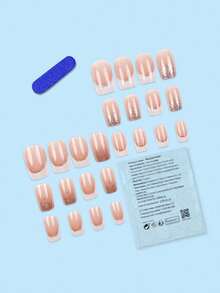24pcs Short Coffin Shape Glitter Gradient Press-On Nails With White French Tip Acrylic Nail Tips, Includes Jelly Glue And Nail File, Suitable For Parties, Events, Daily Wear. Suitable For Women And Girls. Includes Nail Art Tools. Shapeable Nail Art Set - Multicolor - View 2