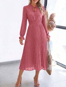 PRETTYGARDEN Women's Spring Fall Midi Dress Casual Long Sleeve V Neck Swiss Dot Pleated A Line Flowy Dresses New Years Party Valentine Vacation Dresses For Women - 粉色 - 查看 5