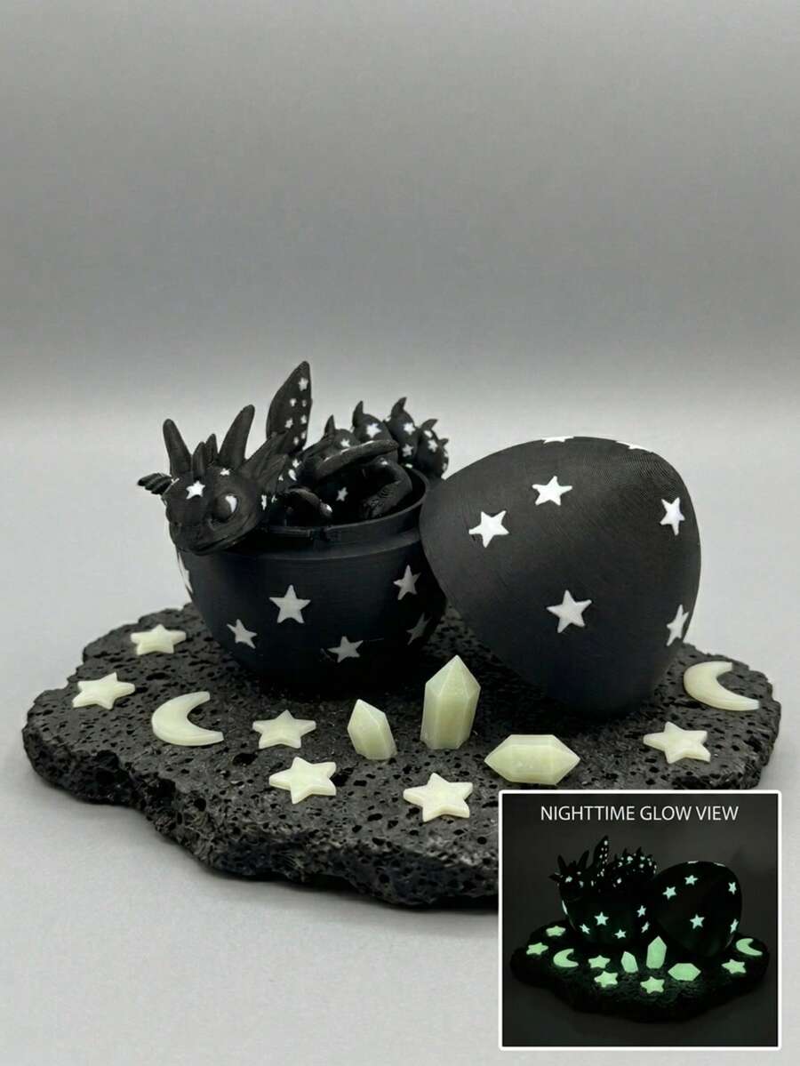 3D打印星空龙及龙蛋 - 可爱收藏雕塑，发光星光龙身，塑料桌面摆件，成人及青少年龙爱好者节日礼物