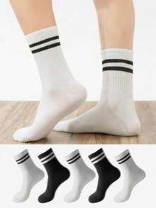 1/3/5/10/15/20 paires de chaussettes rayées mi-mollet, confortables et respirantes, chaussettes longues unisexes, blanches, convenant pour un usage quotidien, sportif et automnal - Multicolore - Voir 2