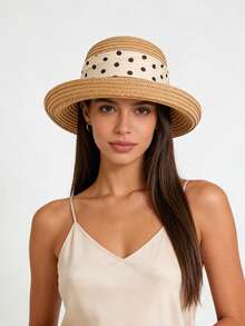 1pc Women's Summer Minimalist Vintage Polka Dot Bow Ribbon Rolled Brim Outdoor Sun Protection Straw Hat, Summer Hot-Selling New Fashion Easy-To-Care-For Face-Slimming Outdoor Sun Protection Beach Straw Hat, Comfortable Casual Suitable For Outings, Gatherings, Shopping, Travel, Vacation And Other Occasions - Multicolor - View 10