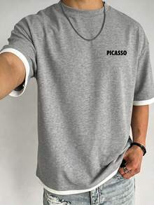 Men's Vintage Patchwork Pattern T-Shirt With Abstract Print, Suitable For Daily Wear - Grey - View 3