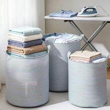 1pc Fresh Striped Clothing Storage Basket, Dirty Laundry Basket, Miscellaneous Storage Basket, Available In 3 Sizes (Large, Medium, Small), Suitable For Storing Clothes And Miscellaneous Items, For Dormitory, Bathroom, Bedroom And Other Scenes. - Green Horizontal Stripes - View 7