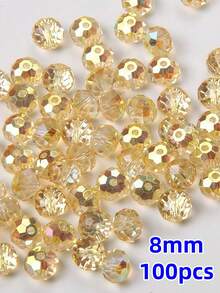 100顆 8mm 高級扁圓散珠水晶玻璃珠，手工DIY珠寶手鍊項鍊配件 - 艷金色 - 查看 3