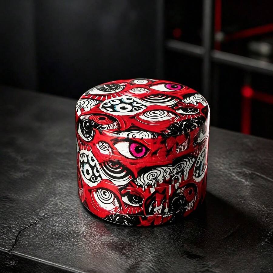 1件 50MM 深色塗鴉紅眼印花 4層研磨器，鋅合金草本研磨器附篩網，個性化街頭風便攜研磨工具 - 查看 1