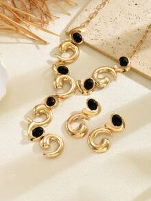 1 Set Exaggerated Geometric Spiral Metal Black Acrylic Y-Shaped Necklace And Earrings Set, Minimalist Style Women's Party Versatile Jewelry - Multicolor - View 3