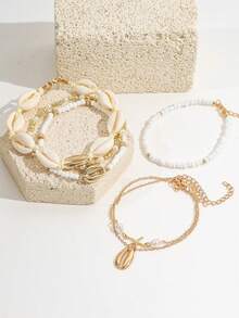 Juego de 6 tobilleras elásticas de cuentas de arroz con perlas falsas y conchas estilo playa, multicapa, bohemio, estilo vacaciones junto al mar, apilables, hechas a mano para mujeres - Dorado - Ver 4