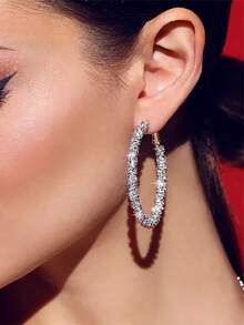 1 Pair European And American Style Rhinestone Hoop Earrings For Women, Exaggerated Elegant Full Rhinestone Super Sparkling Evening Party Earrings - Silver - View 2