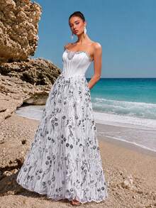 VIPGIRL Nuevo vestido de noche formal elegante con corsé sin tirantes, blanco, con pedrería pesada y cristales, vestido de novia para mujer, decorado con apliques de cuentas y para fiestas - Blanco - Ver 4