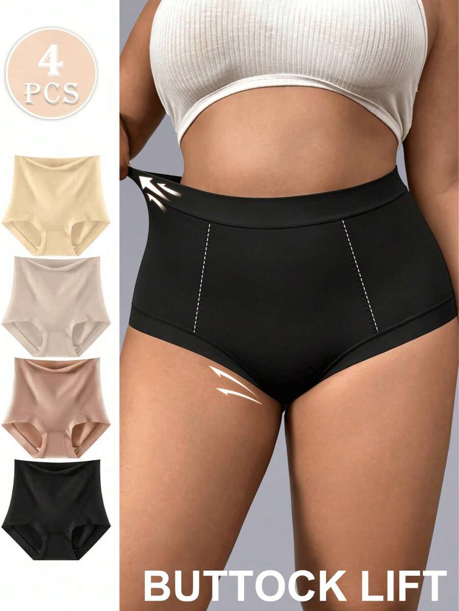 4pcs/Pack Plus Size Women Solid Color High Waist Tight Leggings, Butt Lift Tummy Control, Comfortable Invisible Plus Size Women Underwear, Plus Size Women Shorts - Multicolor - View 1