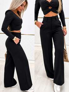 Solid Color High-Waisted Trousers, Casual And Versatile For Everyday Wear, For Spring - Black - View 3