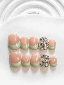 10件裝時尚手工穿戴式假指甲，Polygel美甲套組，綠色泡泡珠與白色圓形水鑽，綠色指甲油，清新風格，附美甲工具，3種尺寸可選：方形、短方形、杏仁形，適合派對、跳舞、日常配戴 - 彩色 - 查看 16