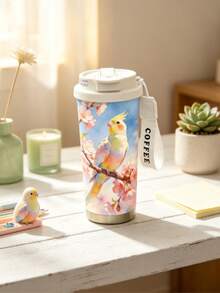 1件/5件 500ml 防漏不鏽鋼保溫咖啡杯，附翻蓋與「COFFEE」杯帶，可愛鸚鵡與櫻花圖案，適用冷熱飲，鳥類愛好者完美禮物，冰咖啡適用 - 多色-櫻花小鳥 - 查看 3